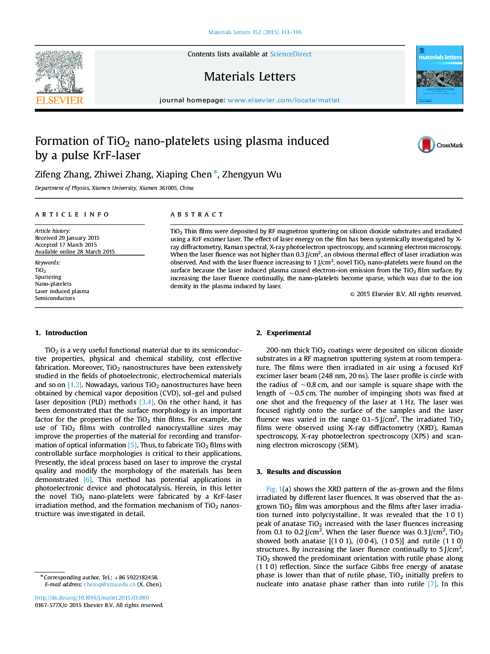 Formation of TiO2 nano-platelets using plasma induced by a pulse KrF-laser