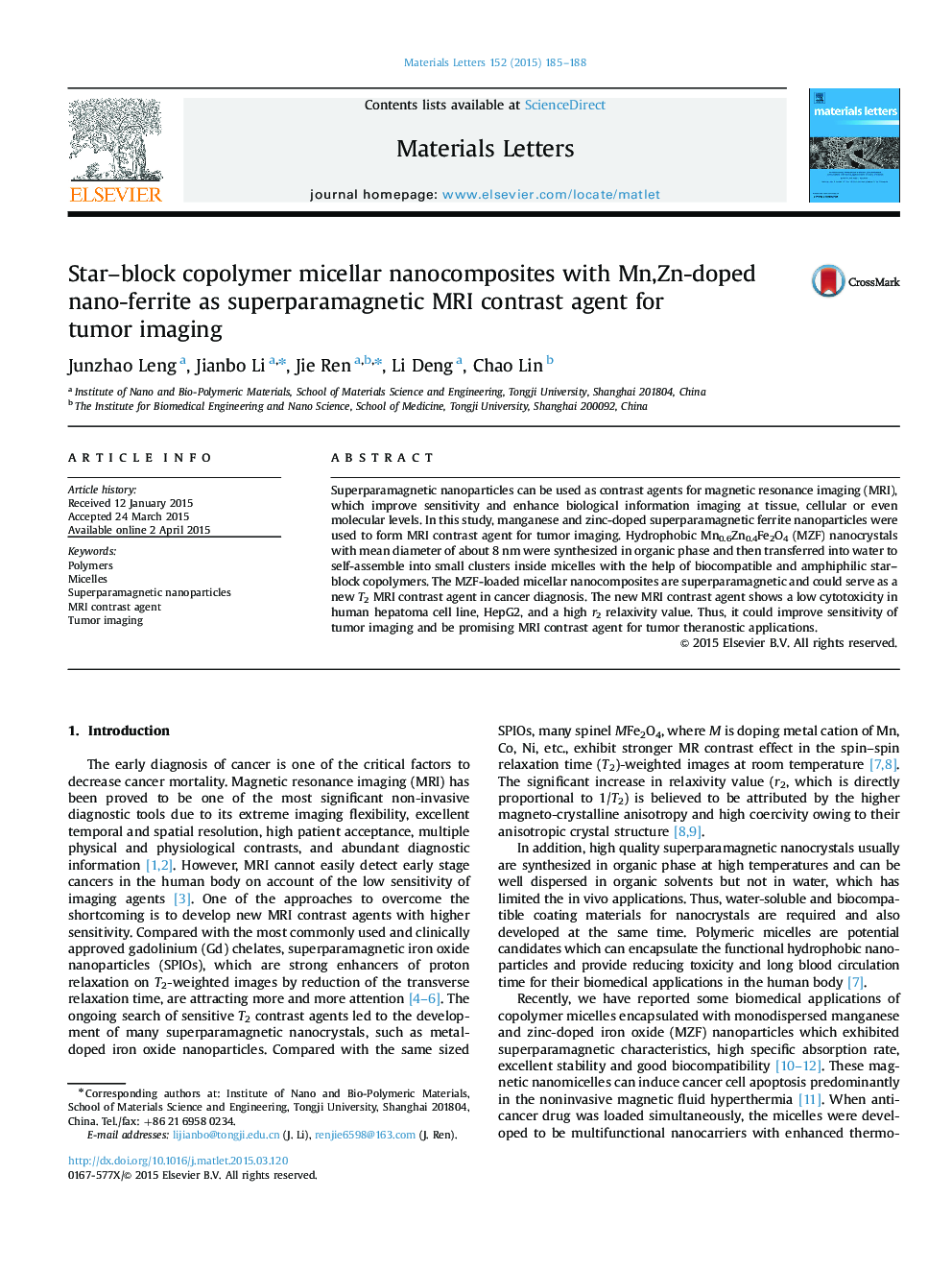 Star-block copolymer micellar nanocomposites with Mn,Zn-doped nano-ferrite as superparamagnetic MRI contrast agent for tumor imaging