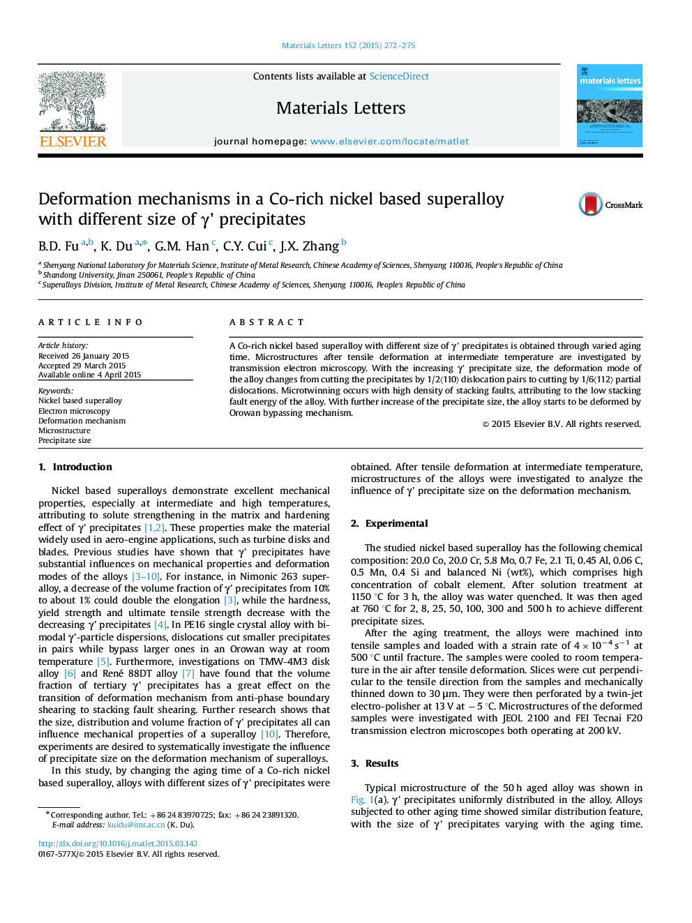 Deformation mechanisms in a Co-rich nickel based superalloy with different size of Î³×³ precipitates