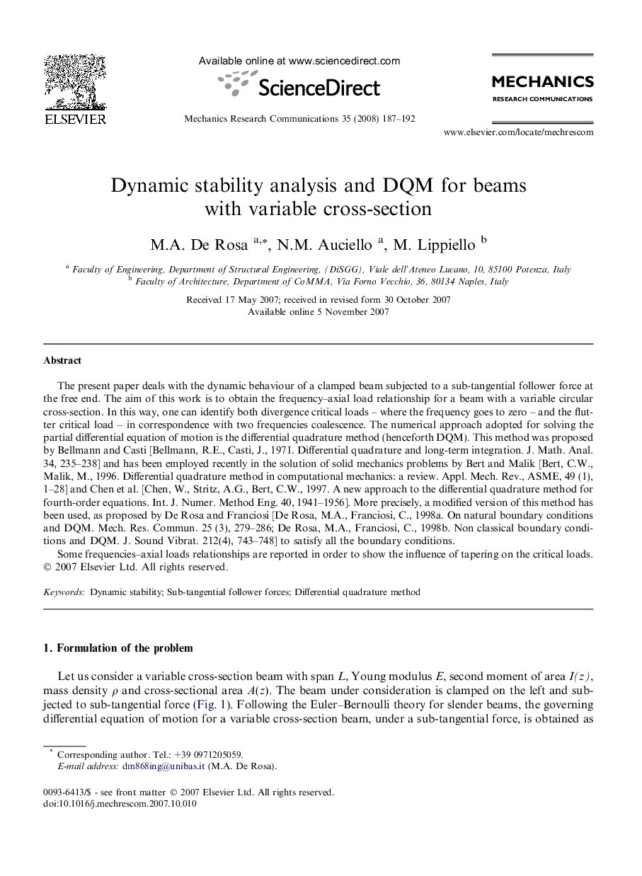 Dynamic stability analysis and DQM for beams with variable cross-section