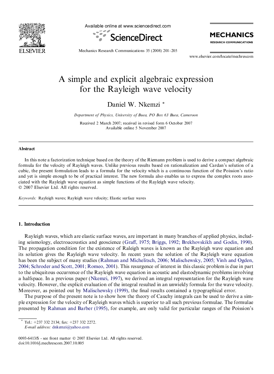 A simple and explicit algebraic expression for the Rayleigh wave velocity