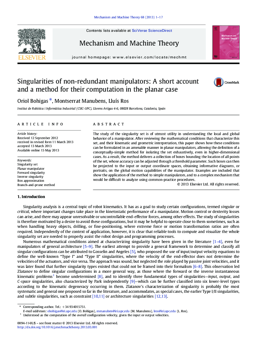 Singularities of non-redundant manipulators: A short account and a method for their computation in the planar case