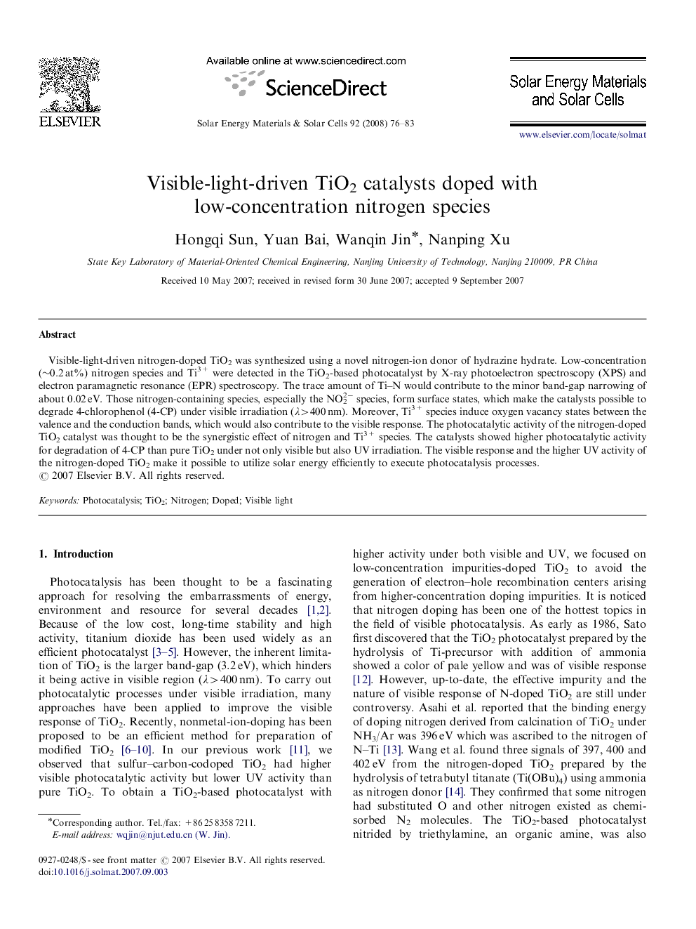 Visible-light-driven TiO2 catalysts doped with low-concentration nitrogen species