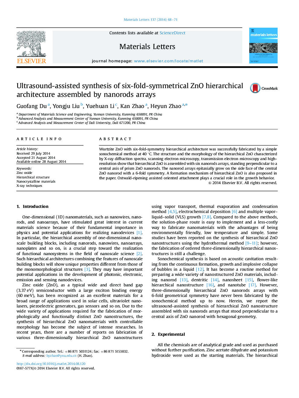 Ultrasound-assisted synthesis of six-fold-symmetrical ZnO hierarchical architecture assembled by nanorods arrays