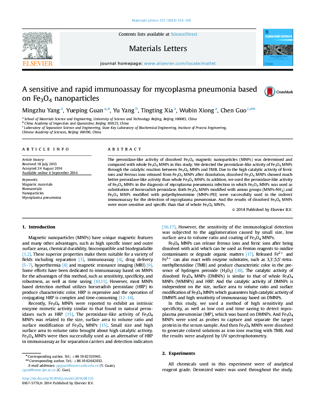 A sensitive and rapid immunoassay for mycoplasma pneumonia based on Fe3O4 nanoparticles