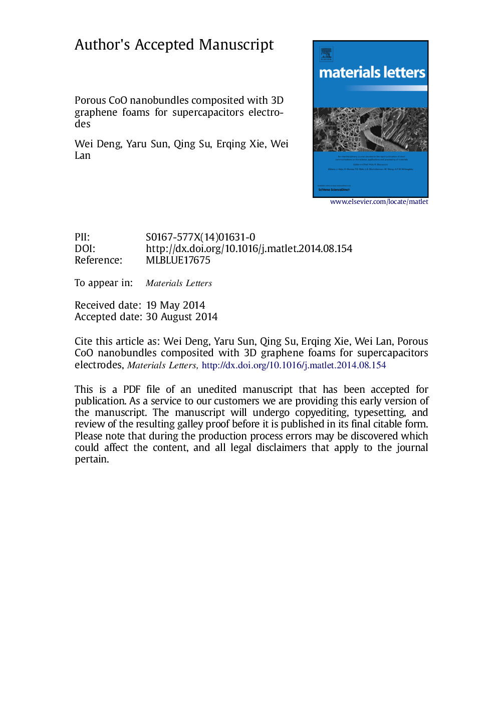 عکس صفحه اول مقاله: Porous CoO nanobundles composited with 3D graphene foams for supercapacitors electrodes Porous CoO nanobundles composited with 3D graphene foams for supercapacitors electrodes