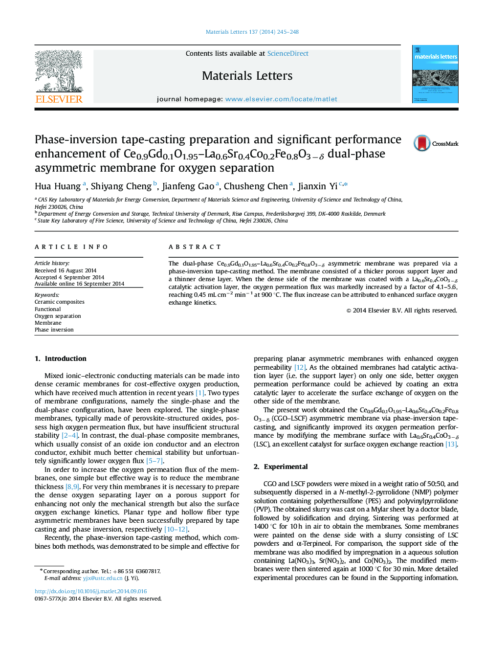 Phase-inversion tape-casting preparation and significant performance enhancement of Ce0.9Gd0.1O1.95-La0.6Sr0.4Co0.2Fe0.8O3âÎ´ dual-phase asymmetric membrane for oxygen separation