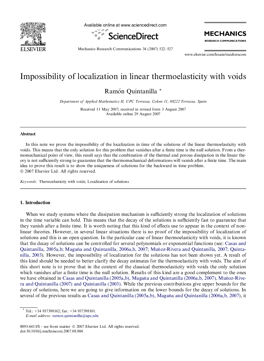 Impossibility of localization in linear thermoelasticity with voids