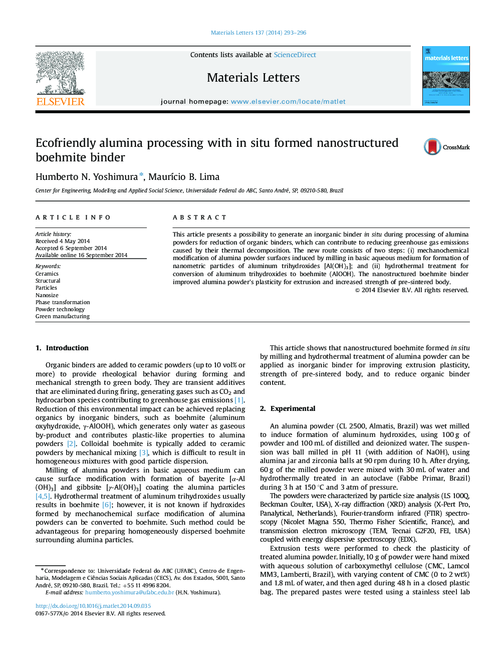 Ecofriendly alumina processing with in situ formed nanostructured boehmite binder