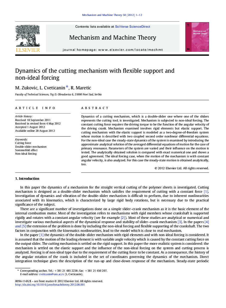 Dynamics of the cutting mechanism with flexible support and non-ideal forcing