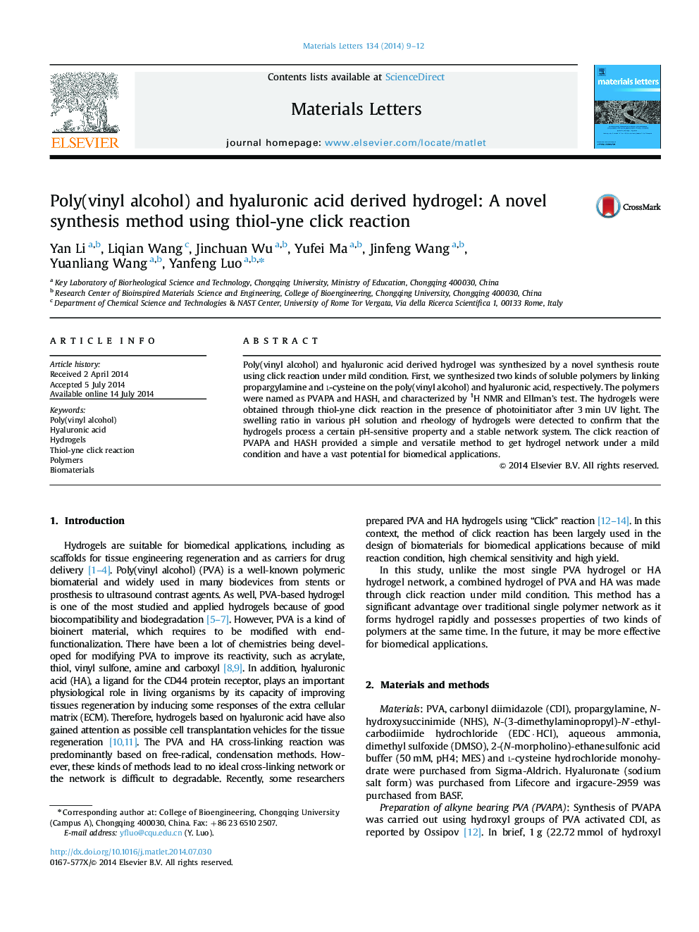 RETRACTED: Poly(vinyl alcohol) and hyaluronic acid derived hydrogel: A novel synthesis method using thiol-yne click reaction