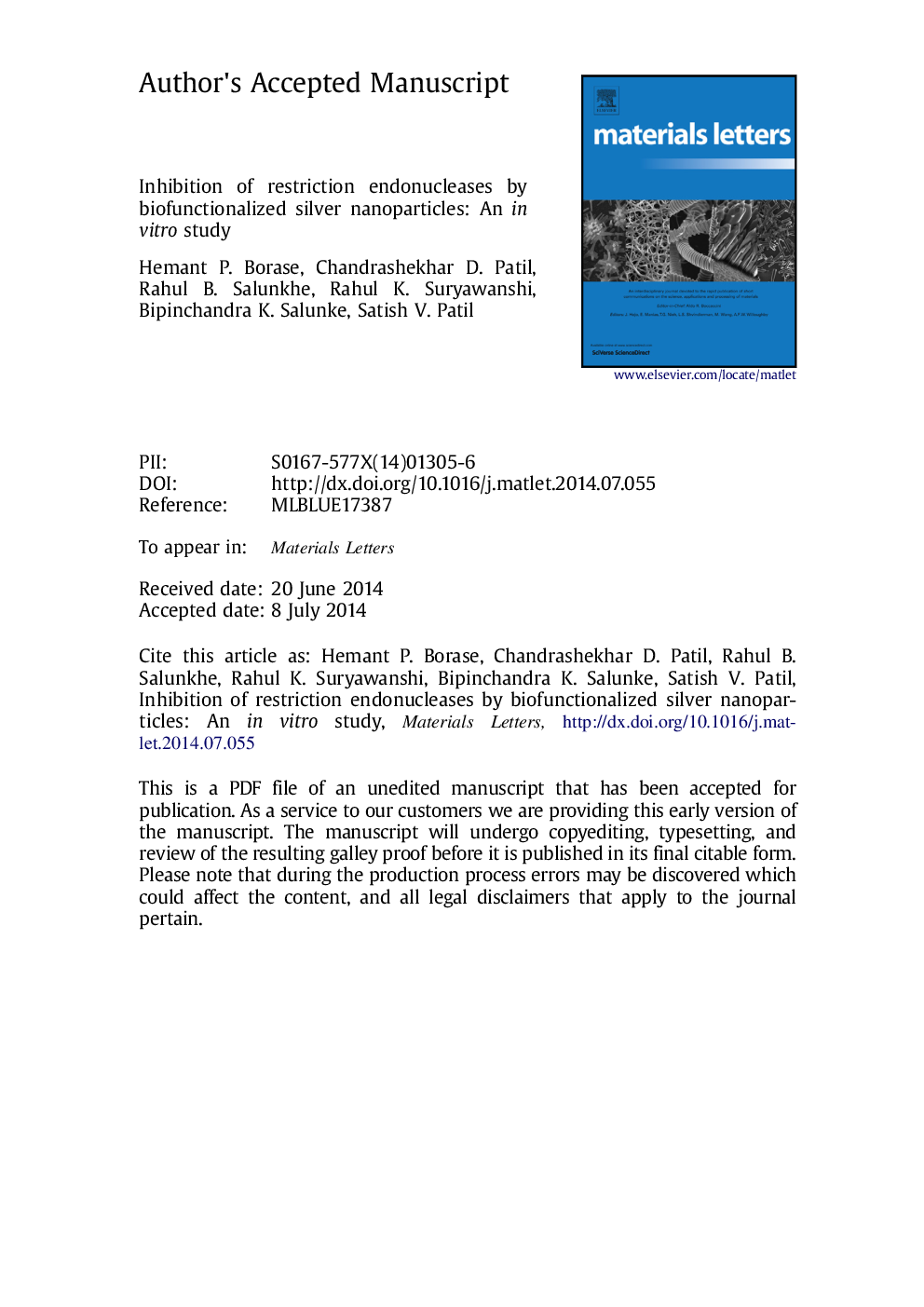 Inhibition of restriction endonucleases by biofunctionalized silver nanoparticles: An in vitro study