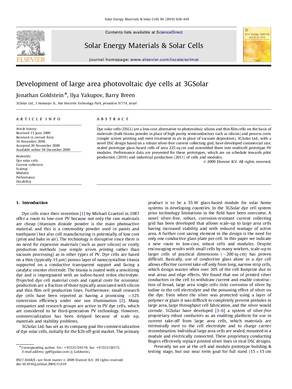 Development of large area photovoltaic dye cells at 3GSolar