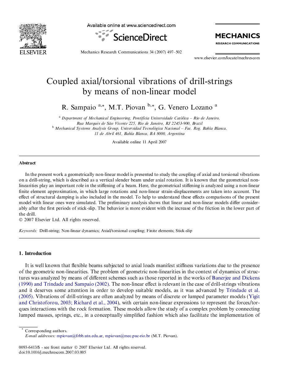 Coupled axial/torsional vibrations of drill-strings by means of non-linear model