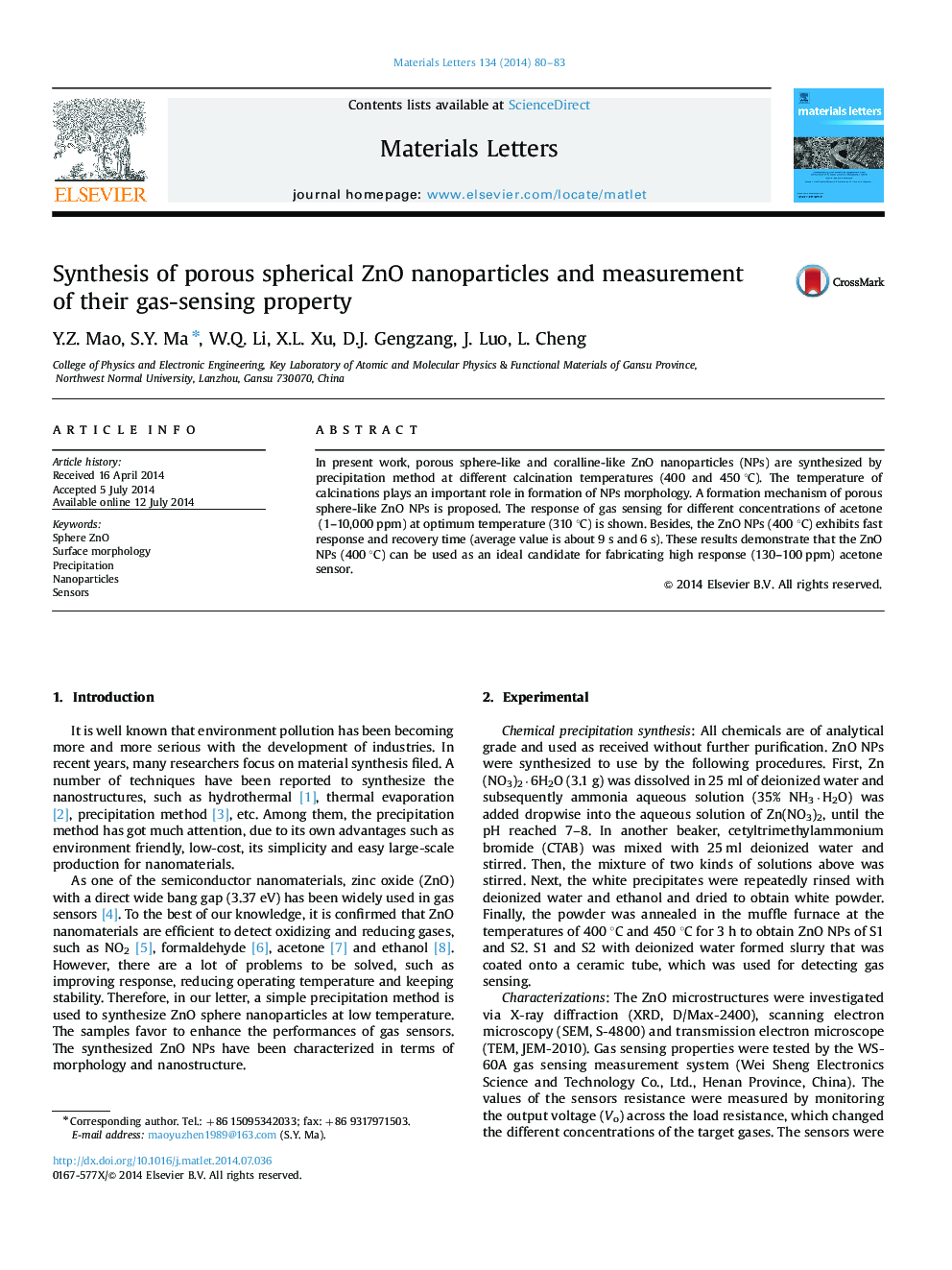 Synthesis of porous spherical ZnO nanoparticles and measurement of their gas-sensing property