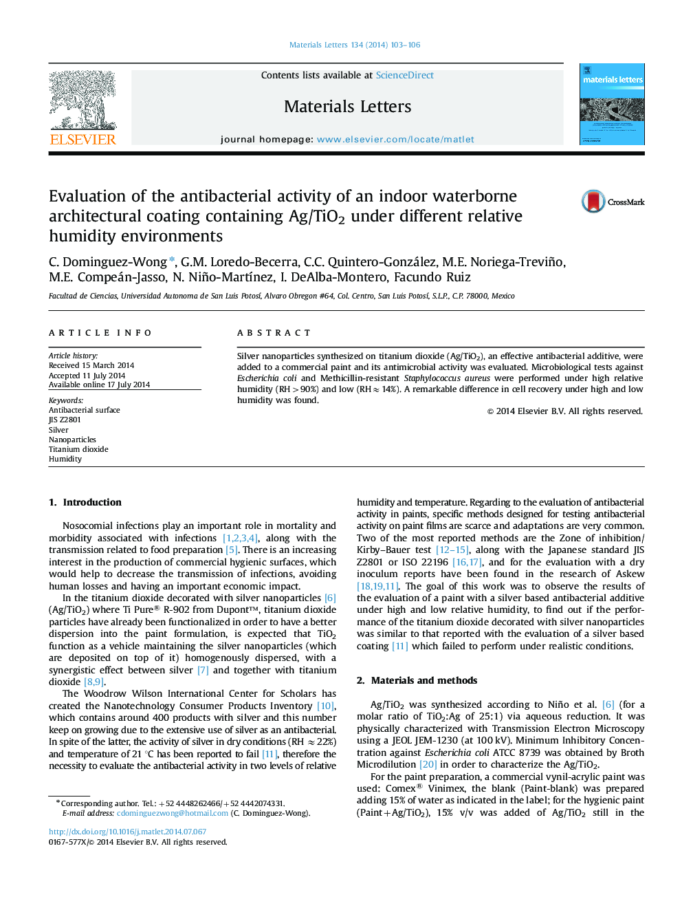 Evaluation of the antibacterial activity of an indoor waterborne architectural coating containing Ag/TiO2 under different relative humidity environments