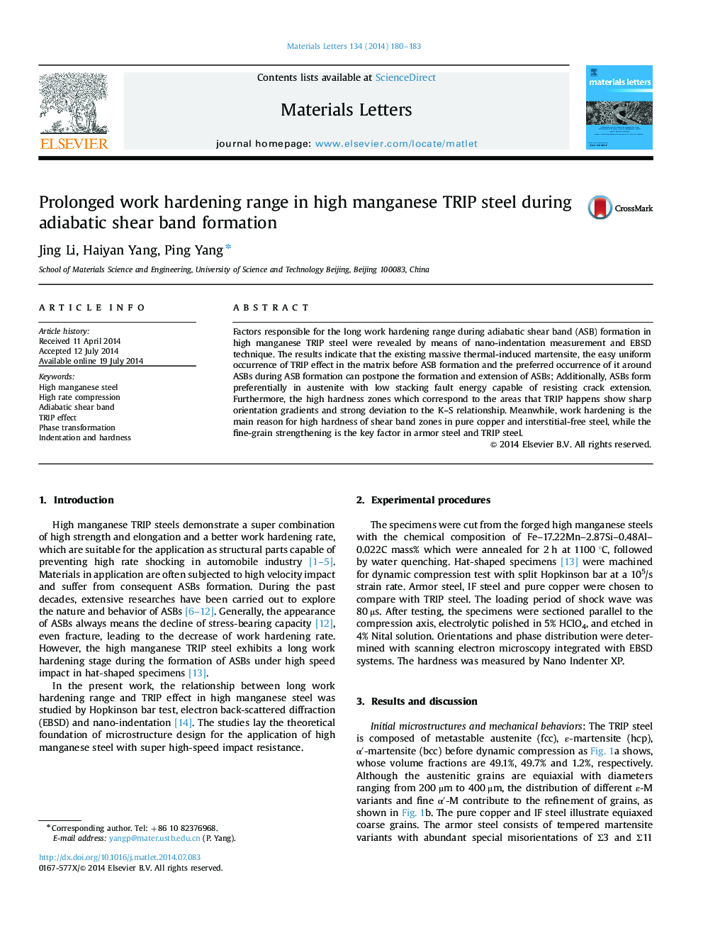 Prolonged work hardening range in high manganese TRIP steel during adiabatic shear band formation