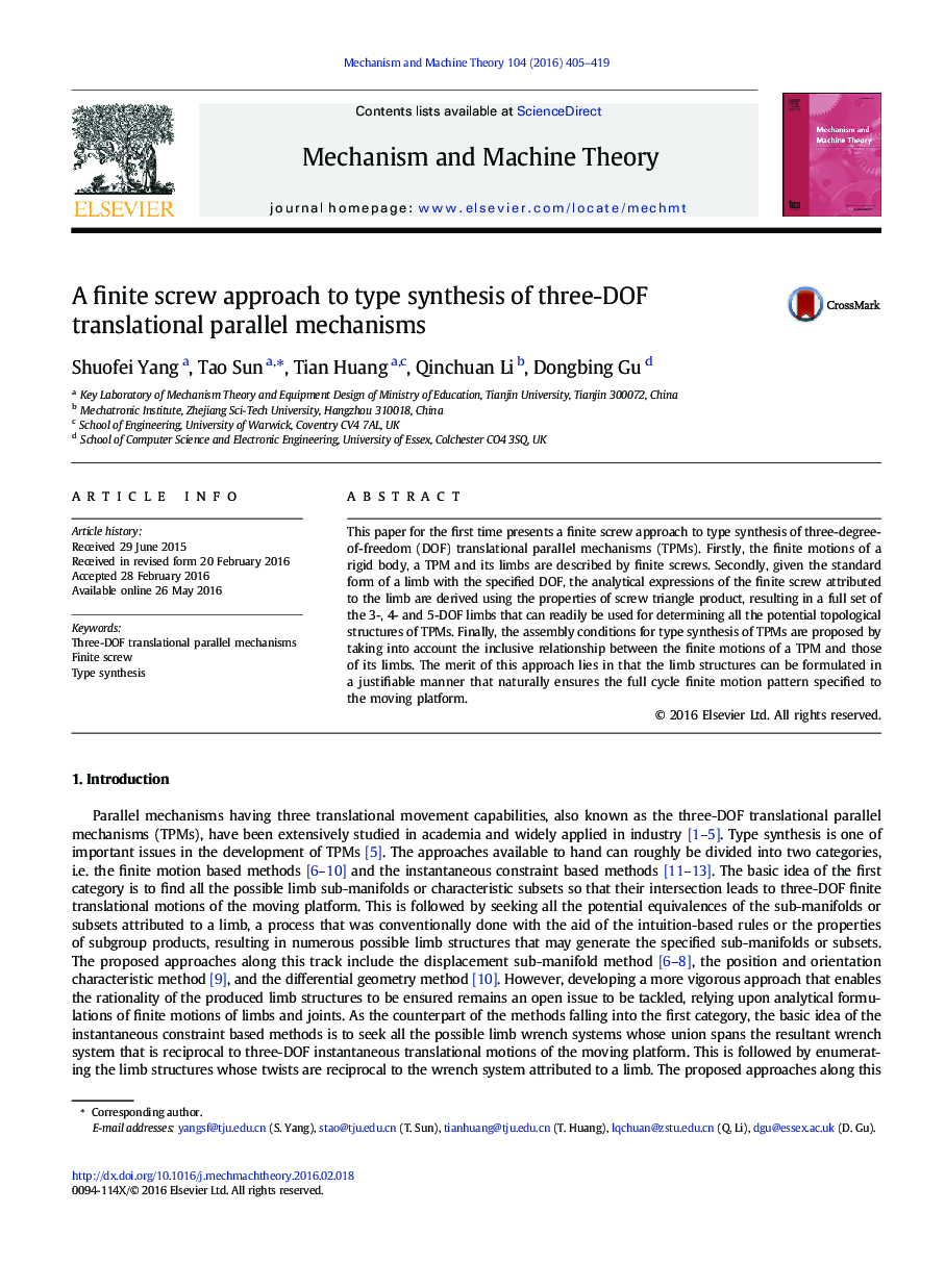 A finite screw approach to type synthesis of three-DOF translational parallel mechanisms