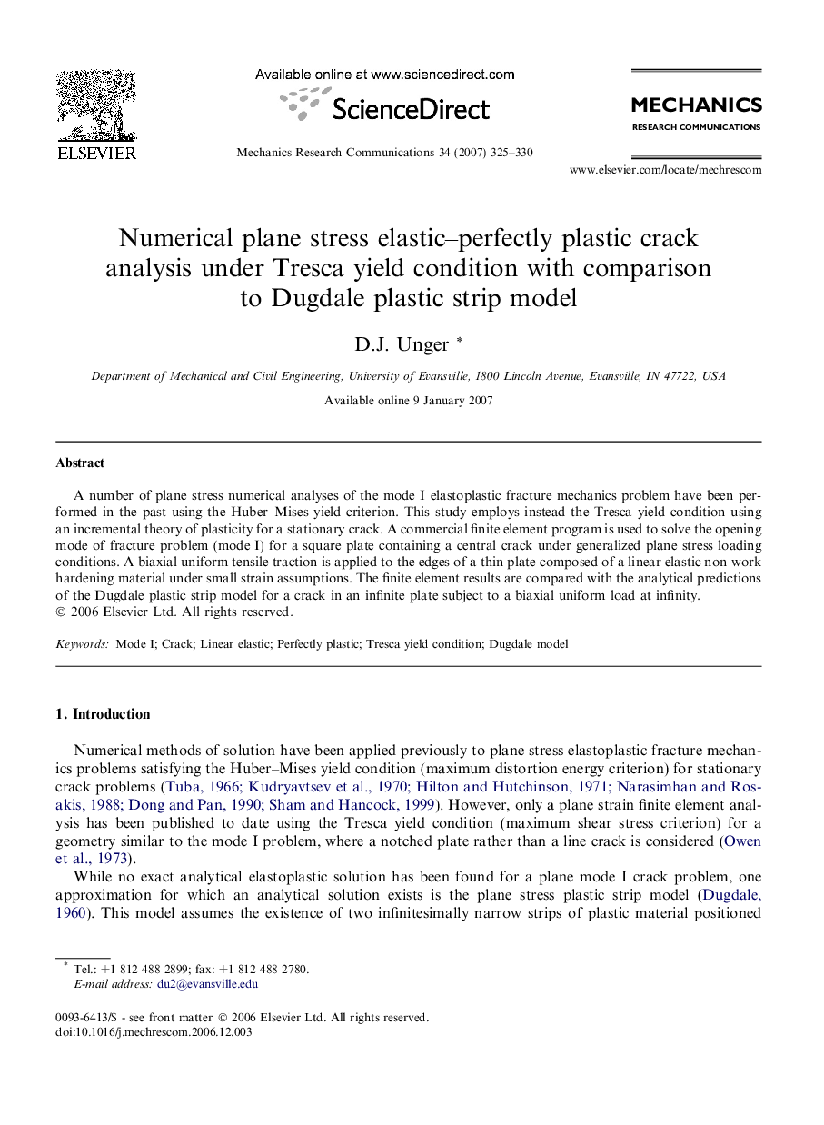 Numerical plane stress elastic–perfectly plastic crack analysis under Tresca yield condition with comparison to Dugdale plastic strip model