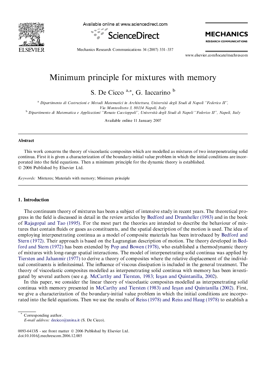 عکس صفحه اول مقاله: Minimum principle for mixtures with memory Minimum principle for mixtures with memory