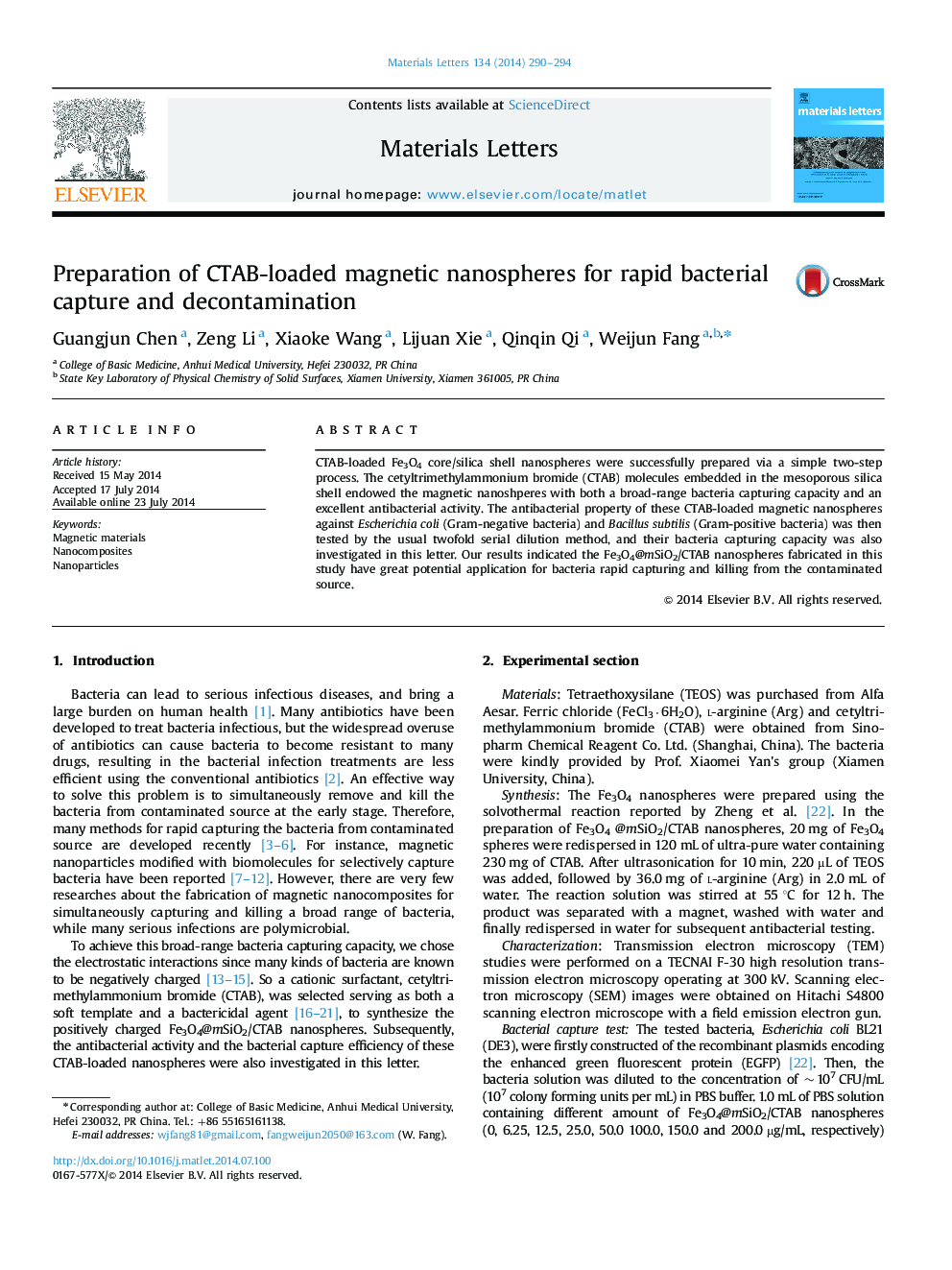 Preparation of CTAB-loaded magnetic nanospheres for rapid bacterial capture and decontamination