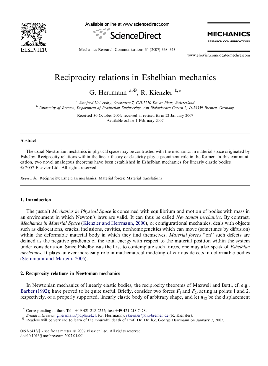 Reciprocity relations in Eshelbian mechanics