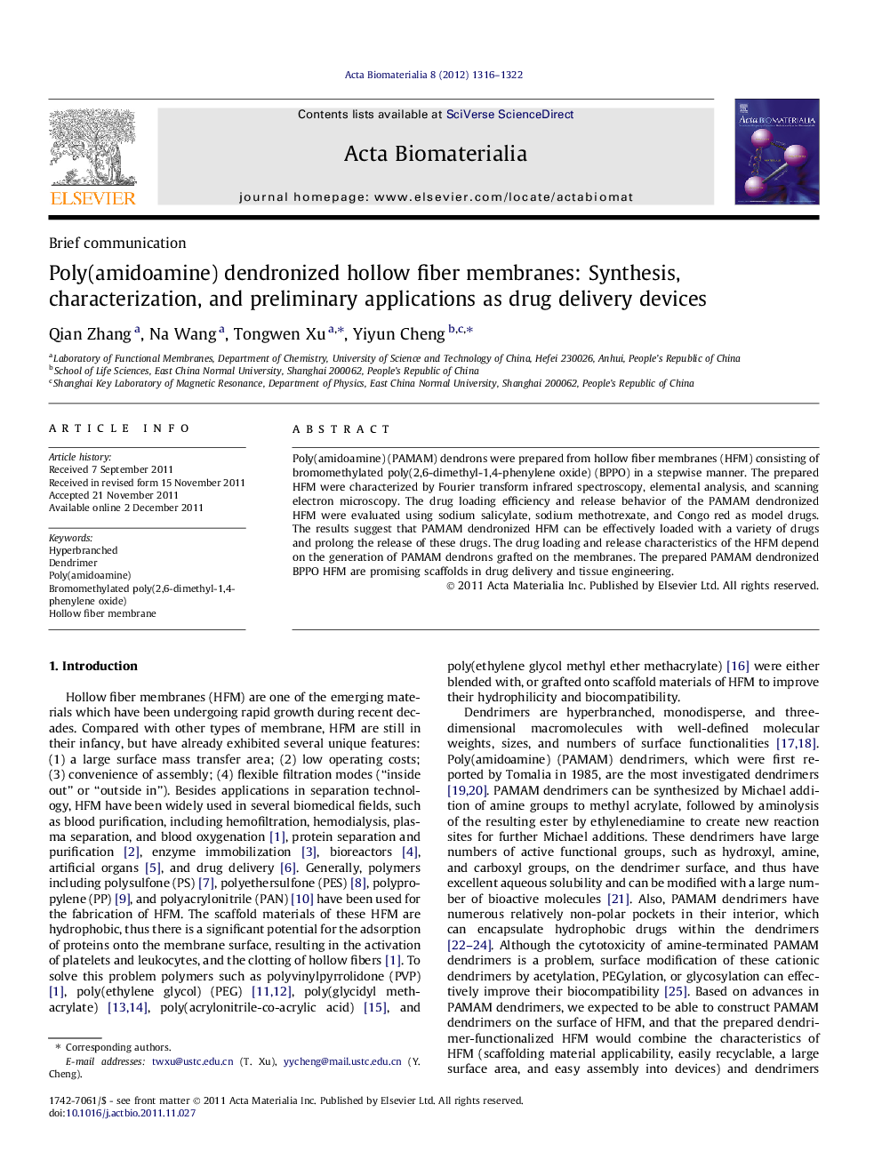 Poly(amidoamine) dendronized hollow fiber membranes: Synthesis, characterization, and preliminary applications as drug delivery devices