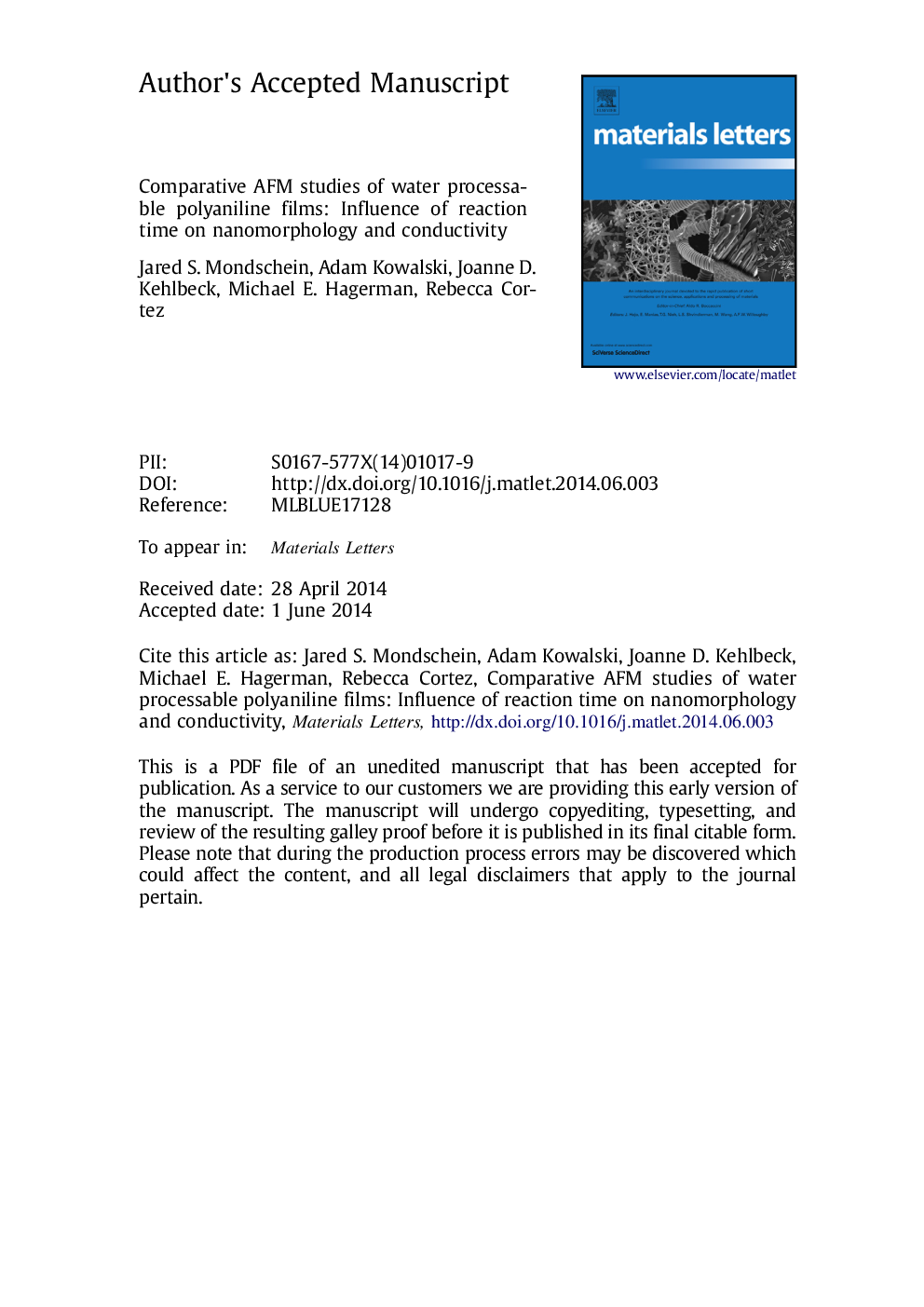 Comparative AFM studies of water processable polyaniline films: Influence of reaction time on nanomorphology and conductivity