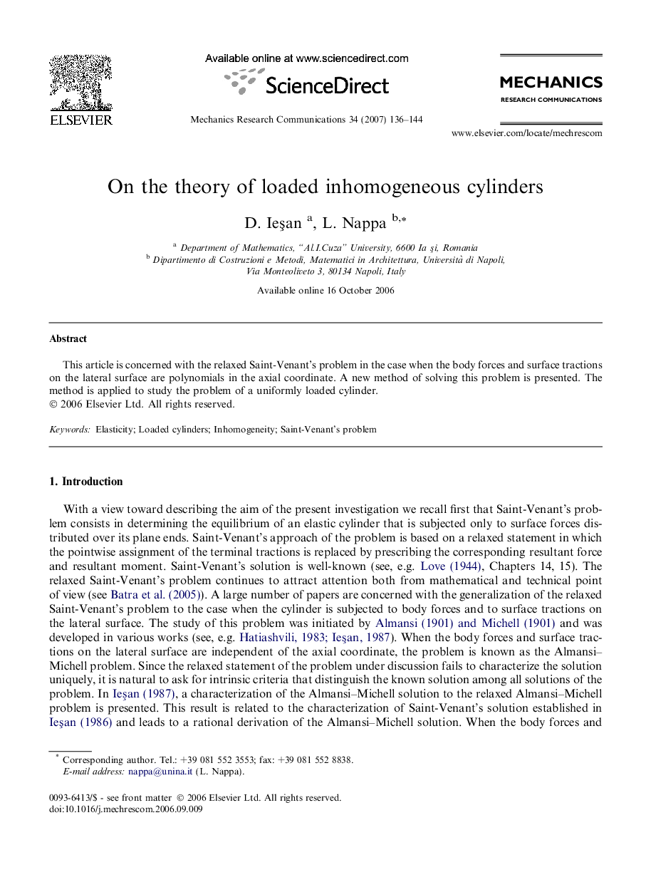 On the theory of loaded inhomogeneous cylinders