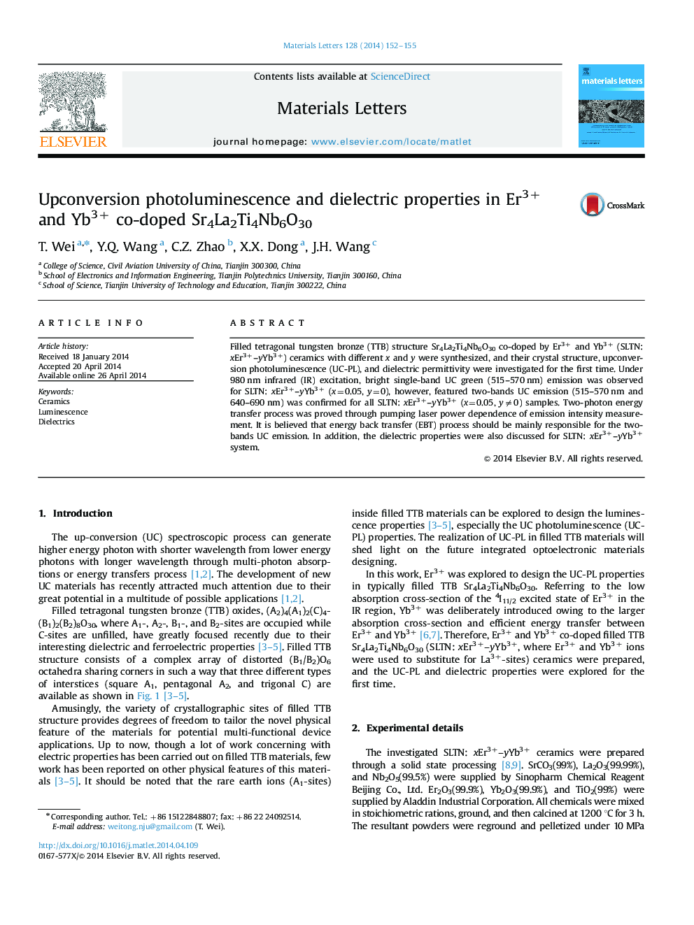 Upconversion photoluminescence and dielectric properties in Er3+ and Yb3+ co-doped Sr4La2Ti4Nb6O30