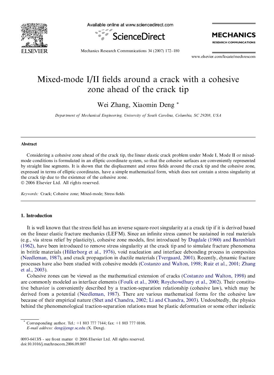 Mixed-mode I/II fields around a crack with a cohesive zone ahead of the crack tip