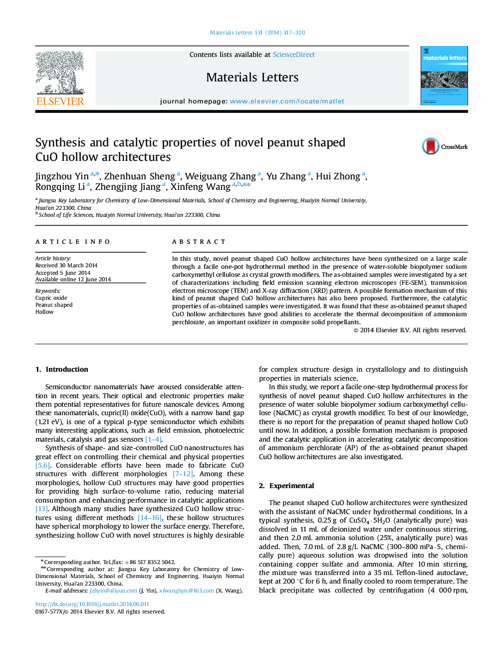 Synthesis and catalytic properties of novel peanut shaped CuO hollow architectures