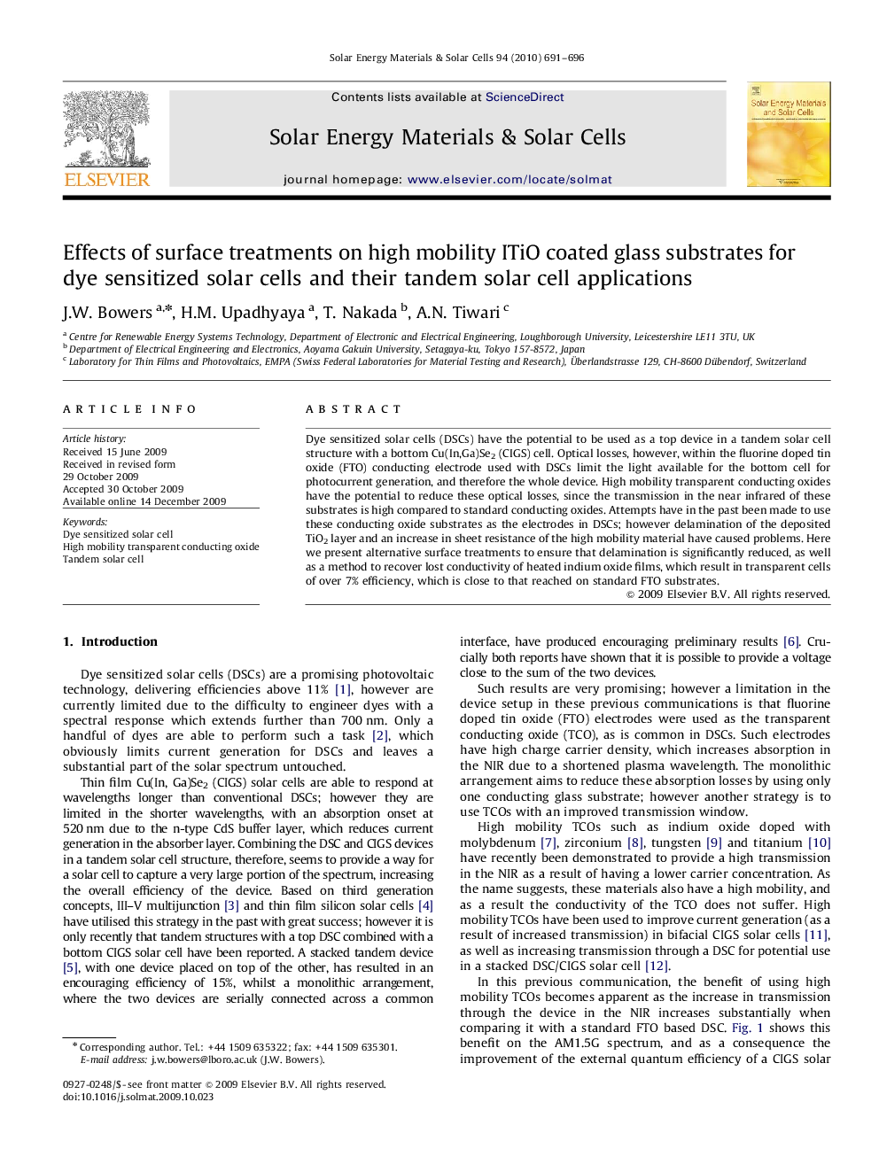 Effects of surface treatments on high mobility ITiO coated glass substrates for dye sensitized solar cells and their tandem solar cell applications