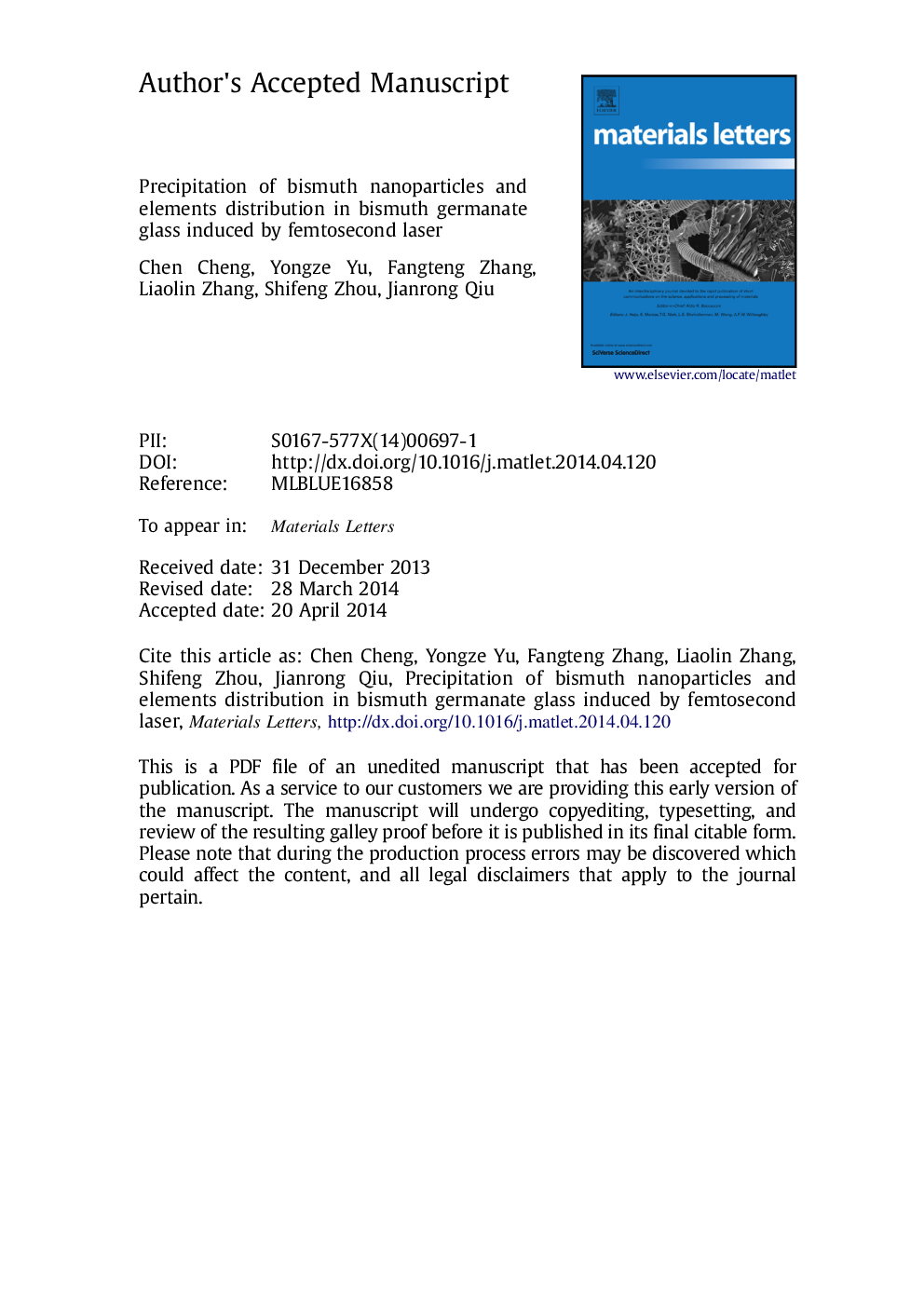 Precipitation of bismuth nanoparticles and elements distribution in bismuth germanate glass induced by femtosecond laser