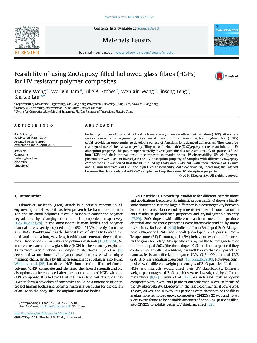 Feasibility of using ZnO/epoxy filled hollowed glass fibres (HGFs) for UV resistant polymer composites