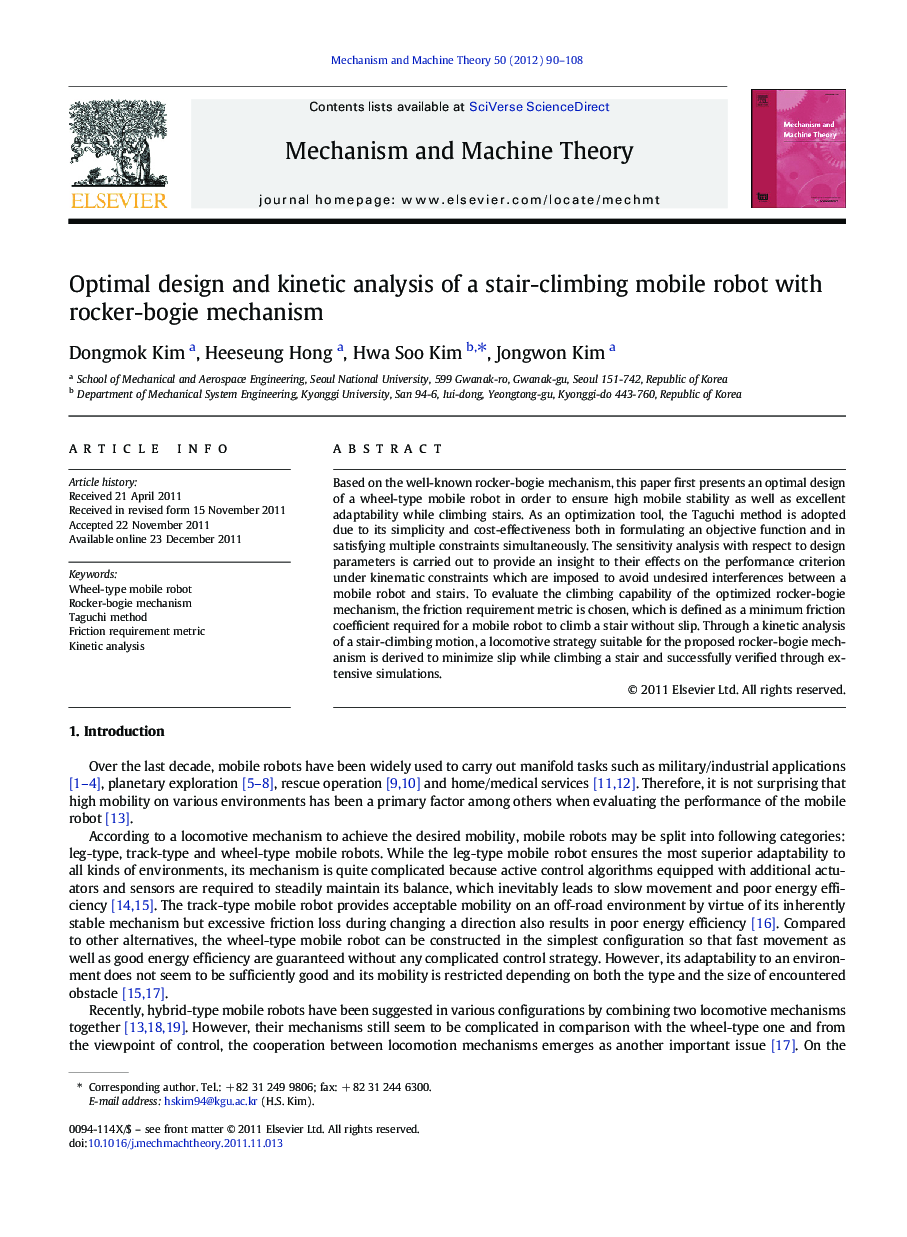 Optimal design and kinetic analysis of a stair-climbing mobile robot with rocker-bogie mechanism