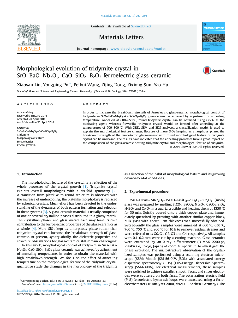 Morphological evolution of tridymite crystal in SrO-BaO-Nb2O5-CaO-SiO2-B2O3 ferroelectric glass-ceramic