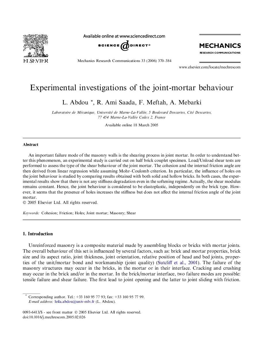 Experimental investigations of the joint-mortar behaviour