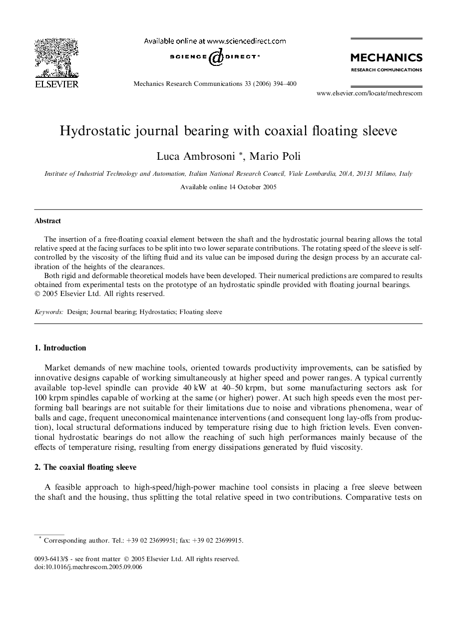 Hydrostatic journal bearing with coaxial floating sleeve