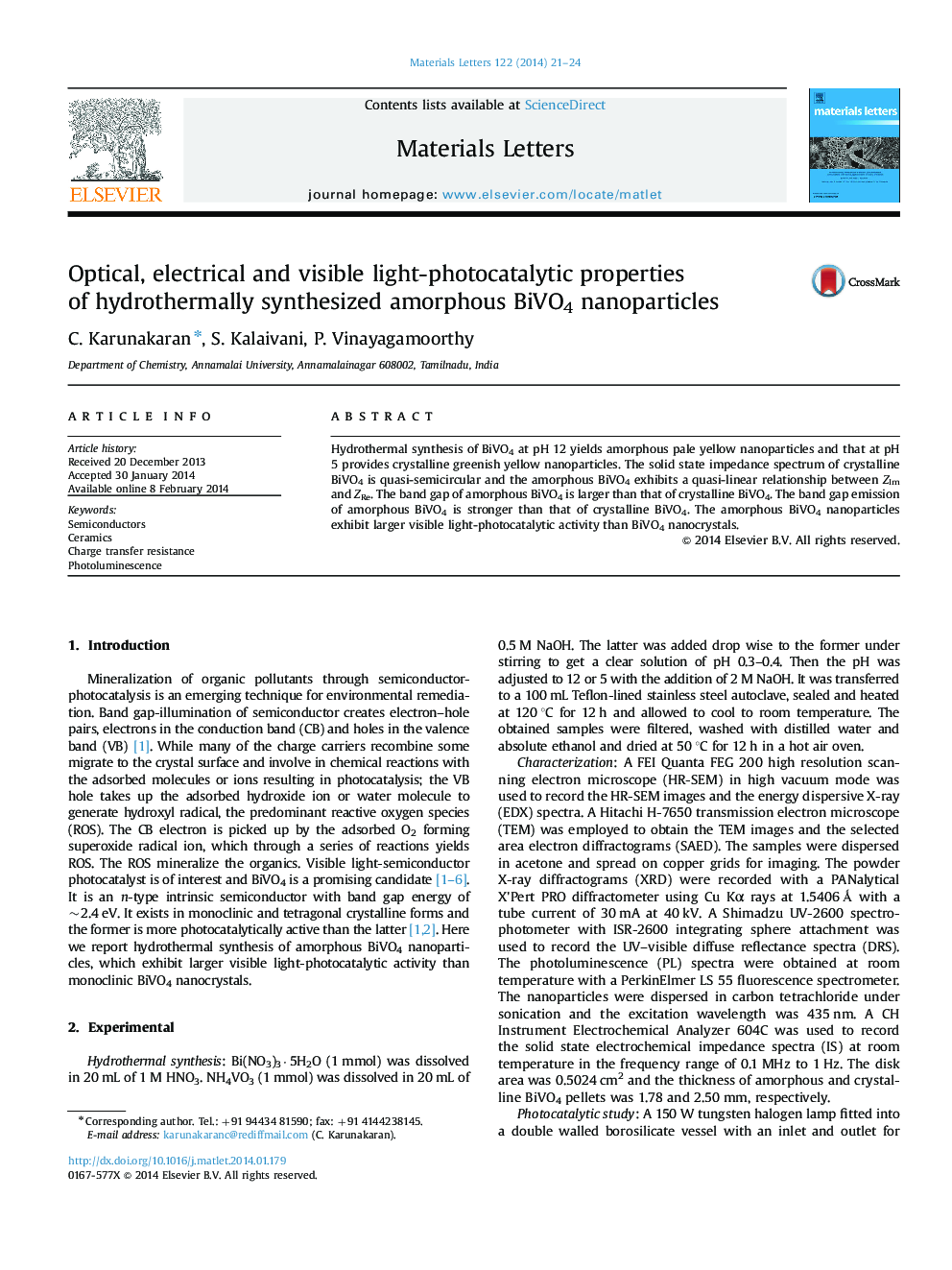 Optical, electrical and visible light-photocatalytic properties of hydrothermally synthesized amorphous BiVO4 nanoparticles