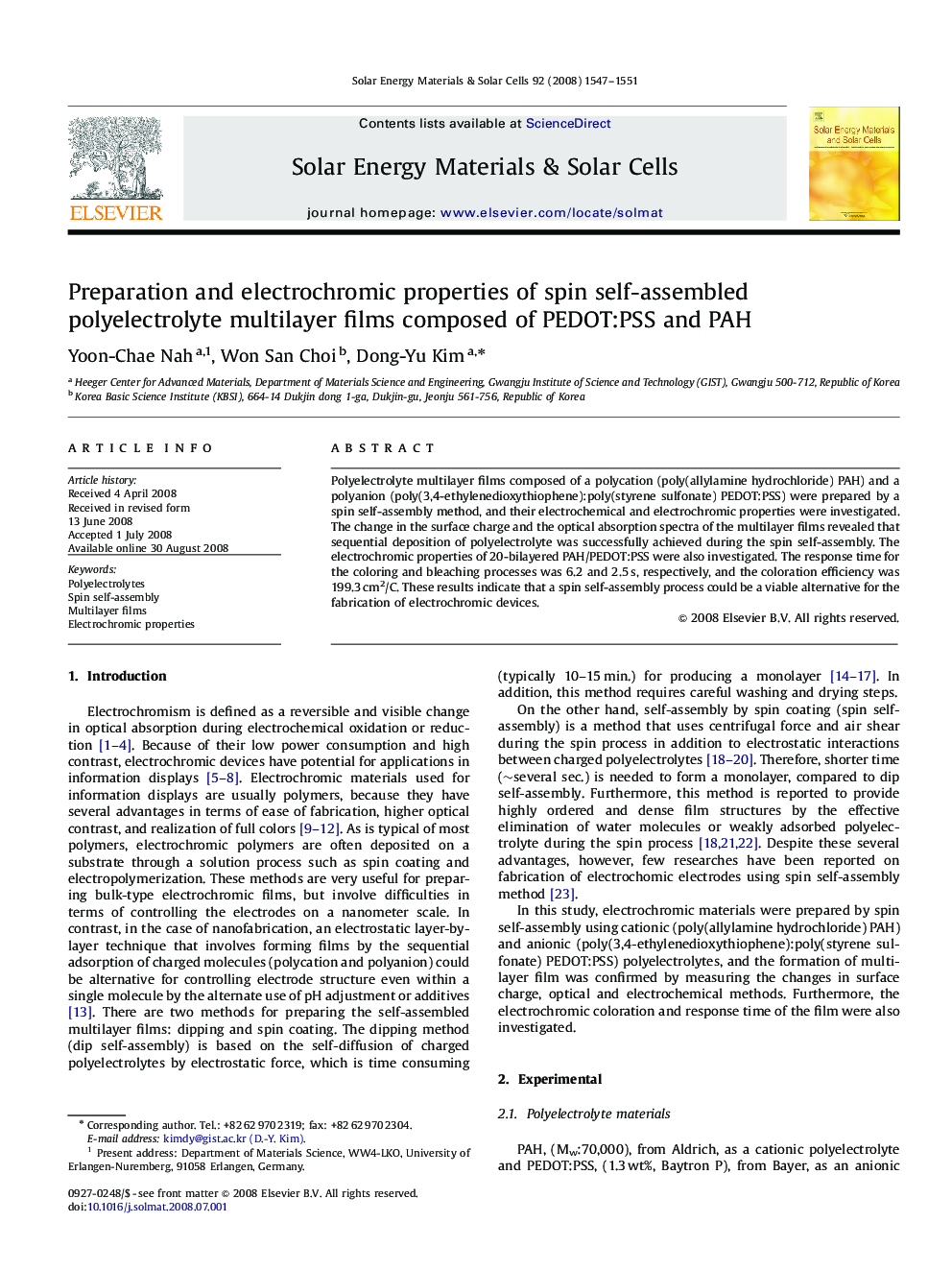 Preparation and electrochromic properties of spin self-assembled polyelectrolyte multilayer films composed of PEDOT:PSS and PAH