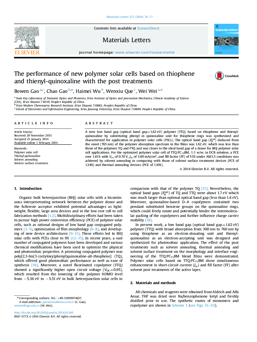 The performance of new polymer solar cells based on thiophene and thienyl-quinoxaline with the post treatments