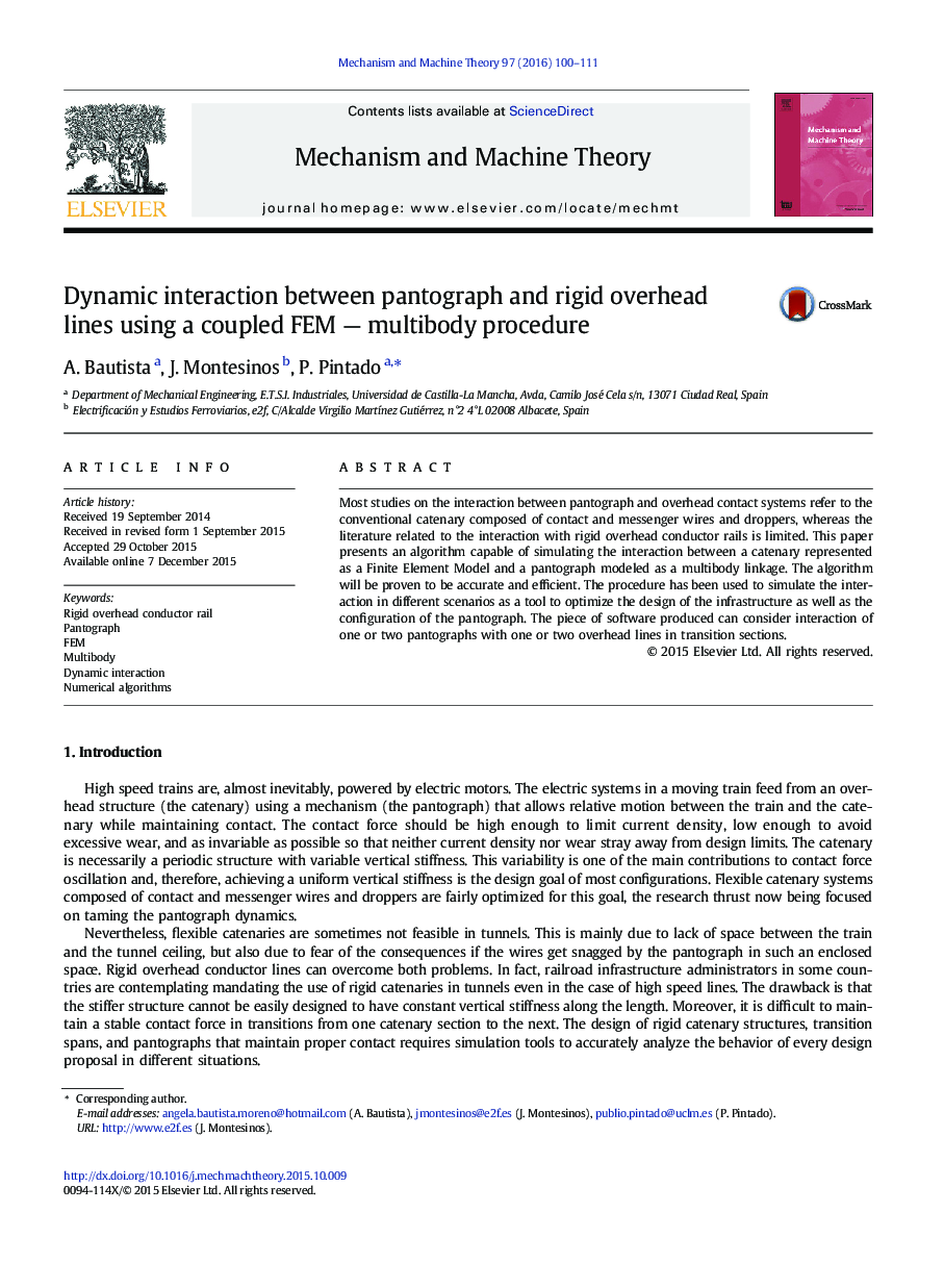 Dynamic interaction between pantograph and rigid overhead lines using a coupled FEM — multibody procedure