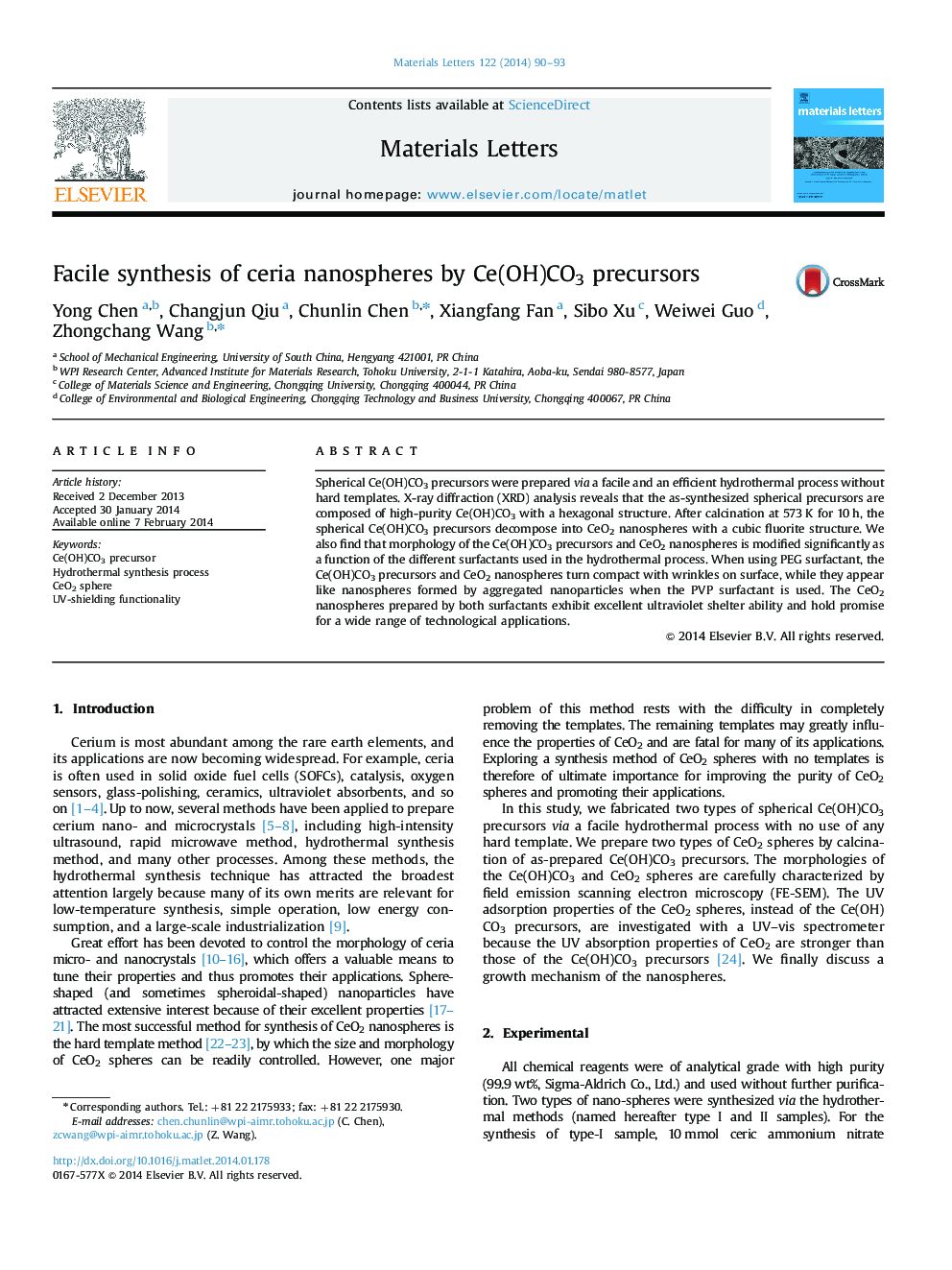 Facile synthesis of ceria nanospheres by Ce(OH)CO3 precursors
