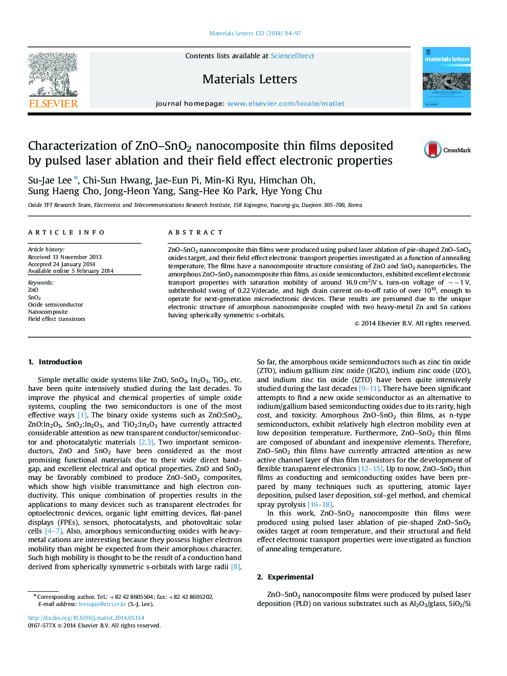 Characterization of ZnO-SnO2 nanocomposite thin films deposited by pulsed laser ablation and their field effect electronic properties