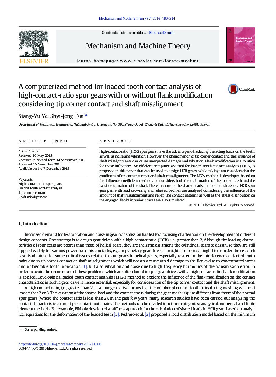 A computerized method for loaded tooth contact analysis of high-contact-ratio spur gears with or without flank modification considering tip corner contact and shaft misalignment