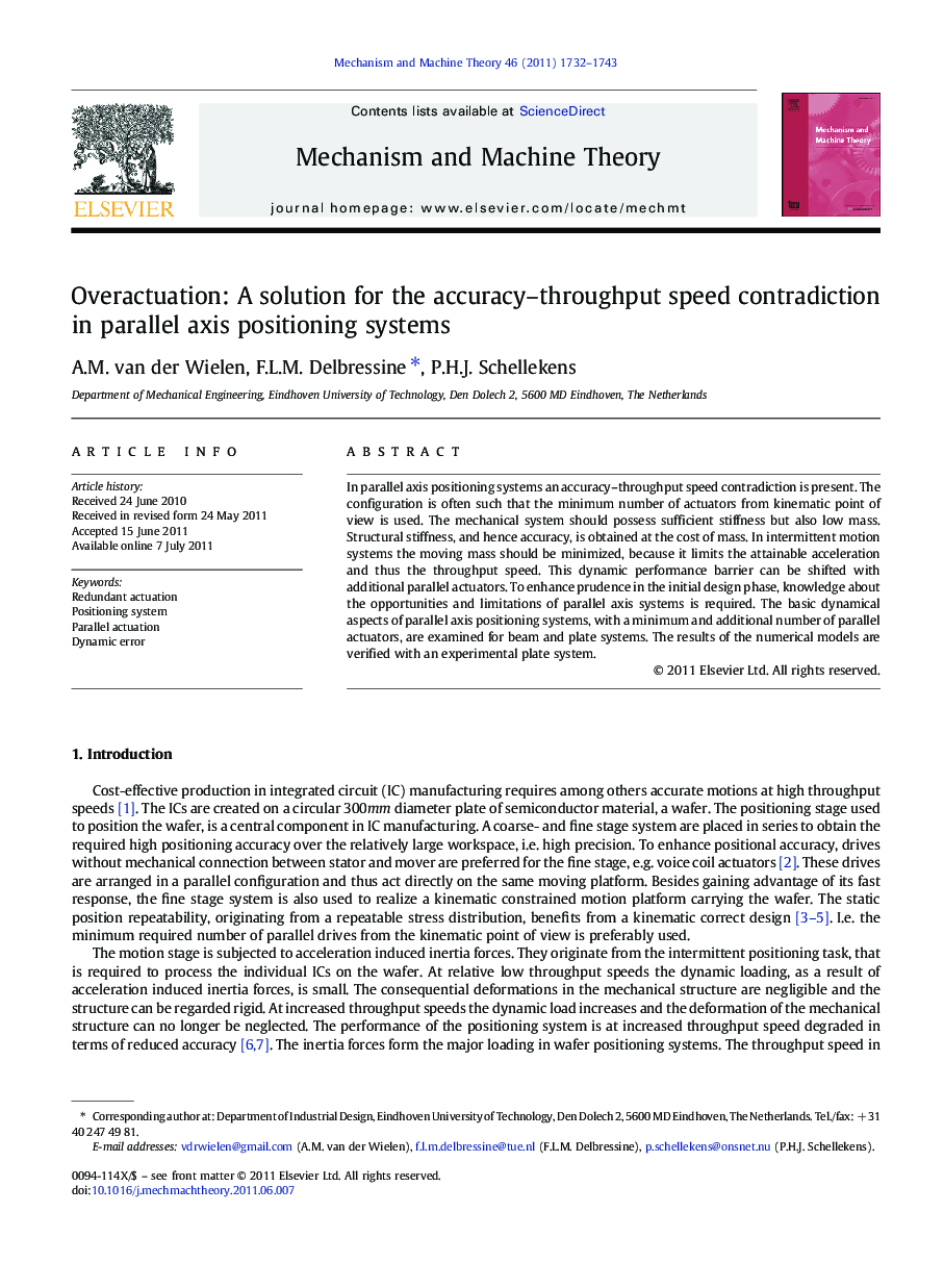 عکس صفحه اول مقاله: Overactuation: A solution for the accuracy–throughput speed contradiction in parallel axis positioning systems Overactuation: A solution for the accuracy–throughput speed contradiction in parallel axis positioning systems