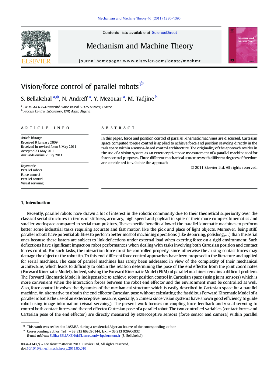 Vision/force control of parallel robots 