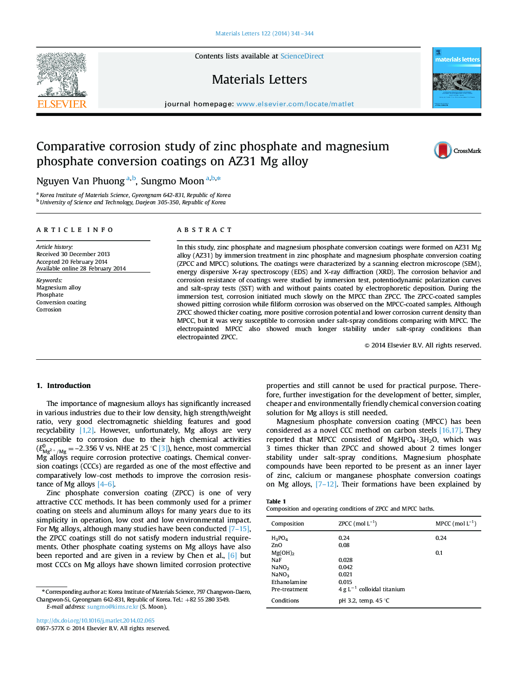 Comparative corrosion study of zinc phosphate and magnesium phosphate conversion coatings on AZ31 Mg alloy