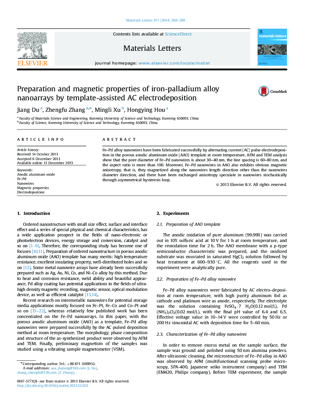 Preparation and magnetic properties of iron-palladium alloy nanoarrays by template-assisted AC electrodeposition